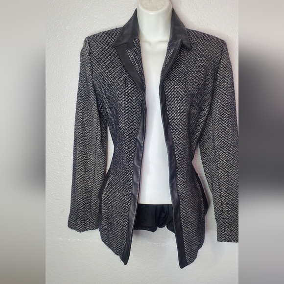 Wool & Genuine Leather Black & Gray Modern Blazer Jacket Notched - Picture 7 of 10
